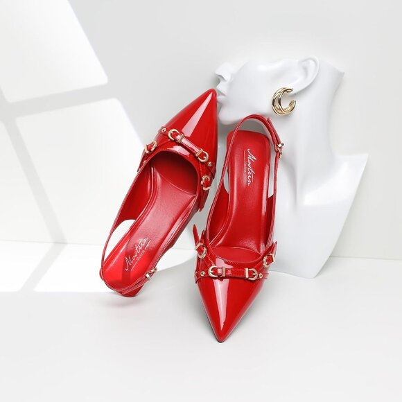 Women's Ruby Pointed Toe Pumps Patent Leather Slingback Heels With Buckle - Picture 2 of 9